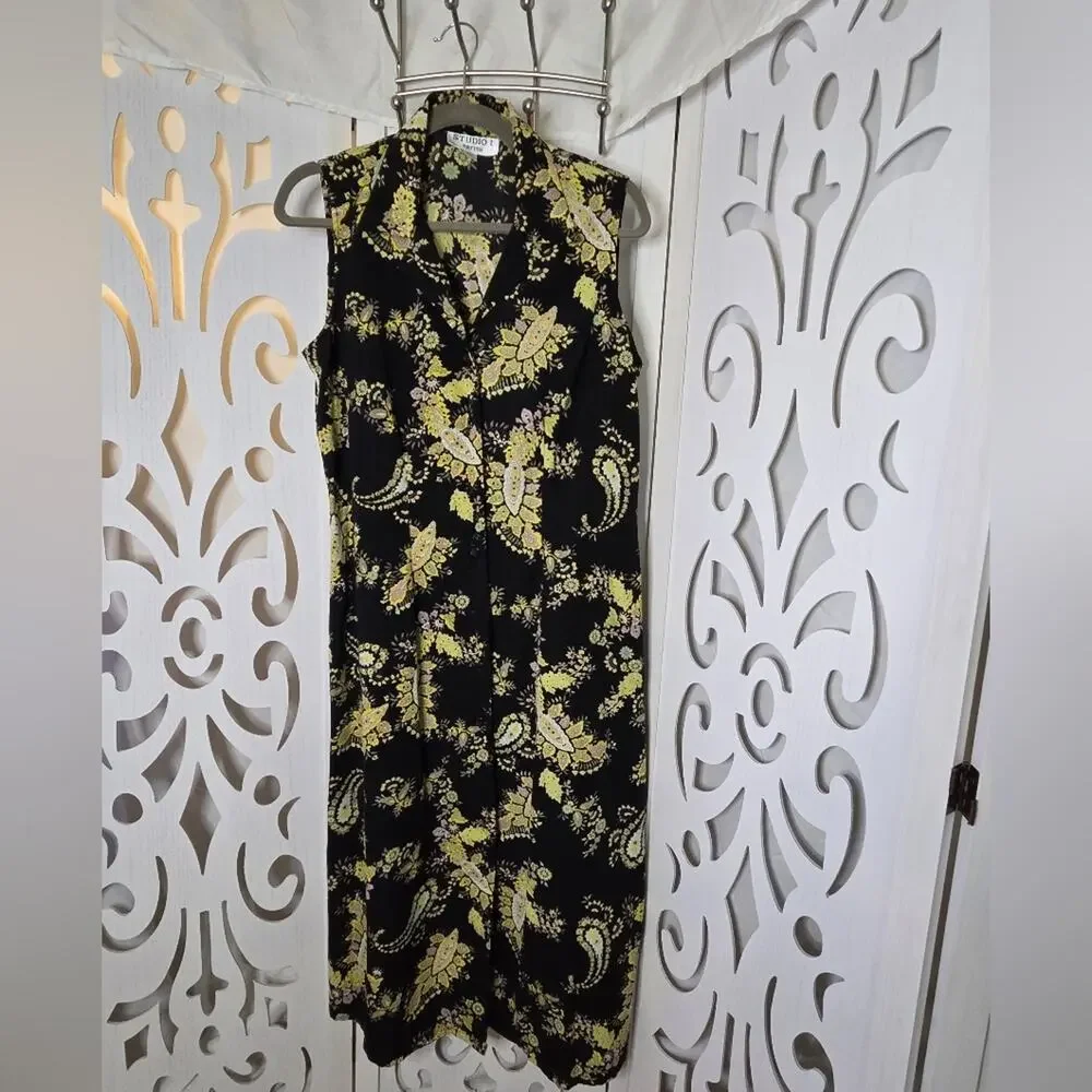 Studio I Petite 12P Black Yellow Paisley Sleeveless Button Front Midi Dress